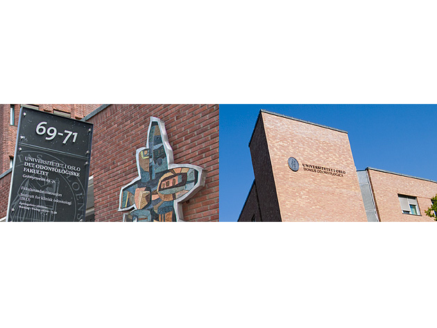 To fotoer satt sammen, til venstre av inngangspartiet til fakultetsbygget i Geitmyrsveien og til høyre av fakultetets bygg på Gaustad.